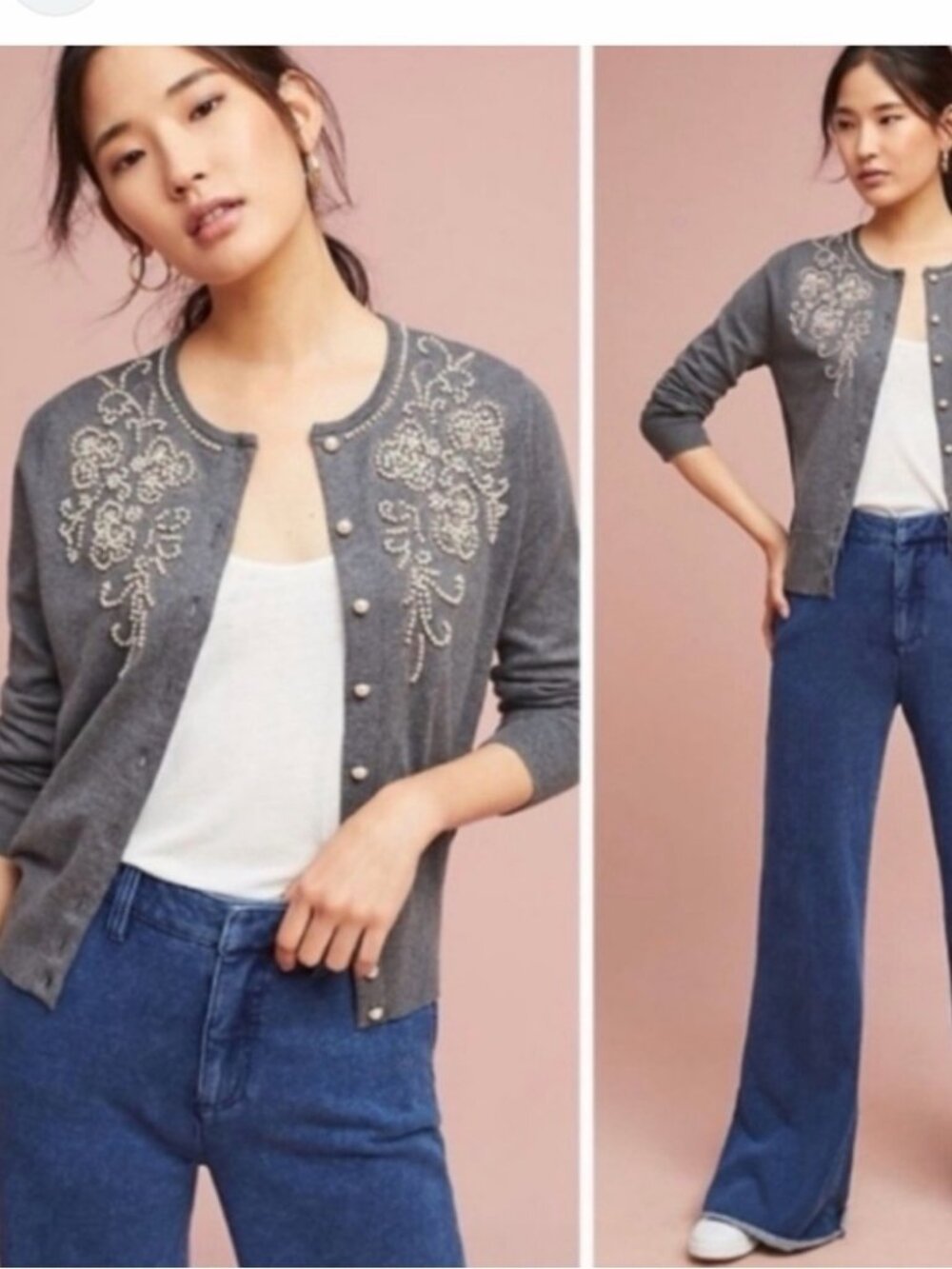 Vintage Anthro Field Flower Charcoal Cardigan with Beaded Design